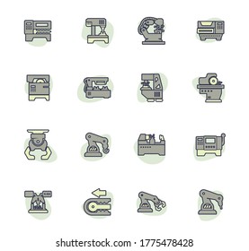 Vector machine tool icons set. Work and factory, production industrial technology, equipment construction illustration
