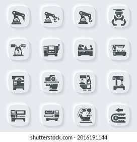 Vector machine tool icons set. Work and factory, production industrial technology, equipment construction illustration