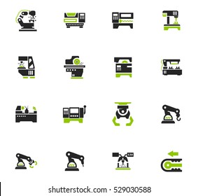 Vector machine tool icons set. Work and factory, production industrial technology, equipment construction illustration