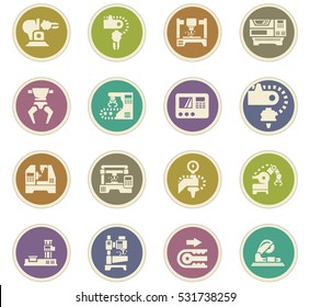 Vector machine tool icons set. Work and factory, production industrial technology, equipment construction illustration