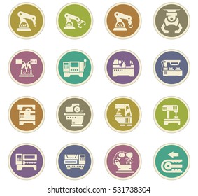 Vector machine tool icons set. Work and factory, production industrial technology, equipment construction illustration