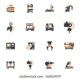 Vector machine tool icons set. Work and factory, production industrial technology, equipment construction illustration