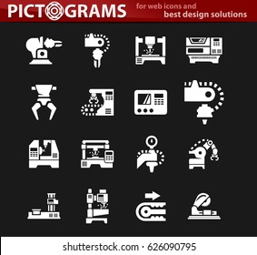 Vector machine tool icons set. Work and factory, production industrial technology, equipment construction illustration