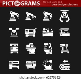 Vector machine tool icons set. Work and factory, production industrial technology, equipment construction illustration