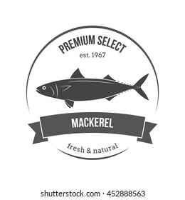 Vector mackerel, scomber emblem, label. Template for stores, markets, food packaging. Seafood illustration.