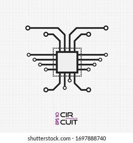 Vector macro CPU illustration. Circuit board chip icon on black and white grid. Abstract flat macro illustration. 