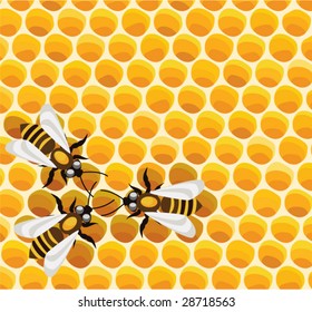 vector macro food illustration of busy bees working  on golden honeycells