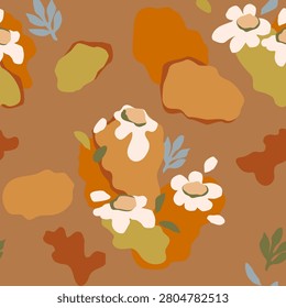 Vector macro seamless pattern with large abstract flowers and bold organic shapes. Minimalist large scale floral background in Scandinavian style. Contemporary earthy palette with terracotta, sage green and ochre. Modern repeating texture for statement wallpaper, textiles, tote bags.