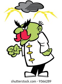 vector mad or alien scientist or criminal mastermind underneath dark cloud that shoots lightning