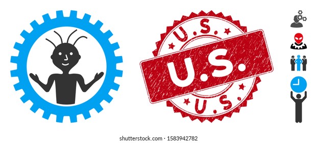 Vector mad engineer icon and corroded round stamp seal with U.S. text. Flat mad engineer icon is isolated on a white background. U.S. stamp seal uses red color and grunged texture.