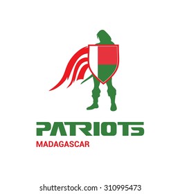 Vector Madagascar Flag Patriots Soldier Logo. Mascot Character Design. Memorial Day Army man with Shield. Vector Freedom Leader Logo illustration