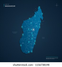 Vector Madagascar map illustration with blue neon lightpoints - triangle on dark blue gradient background. Administrative divisions, cities, borders, capital. Neon tech background with glow. 