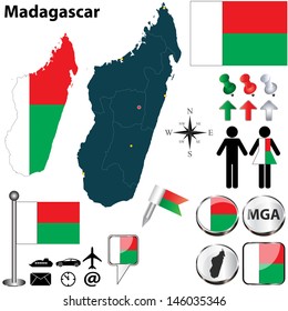 Vector of Madagascar set with detailed country shape with region borders, flags and icons