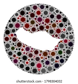 Vector Madeira map collage of SARS virus. Infection attacks the quarantine territory from out space. Stencils round Madeira map collage composed with pathogen parts.