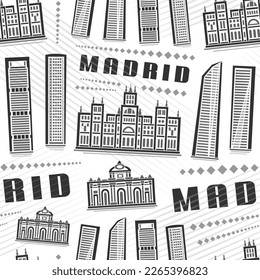 Vector Madrid Seamless Pattern, square repeat background with illustration of european madrid city scape on white background for wrapping paper, monochrome line art urban poster with dark text madrid