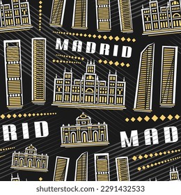 Vector Madrid Seamless Pattern, square repeat background with illustration of european madrid city scape on dark background for wrapping paper, decorative line art urban poster with white text madrid