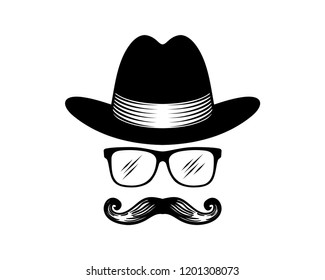 Vector Mafia or Spy or Detective with Classic Hat, White Glasses and Mustache Sign Symbol Icon Logo Design Inspiration