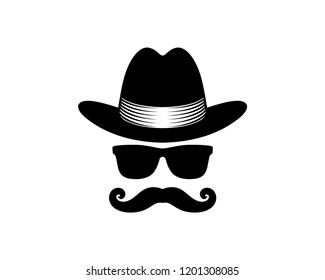 Vector Mafia or Spy or Detective with Classic Hat, Black Glasses and Mustache Sign Symbol Icon Logo Design Inspiration