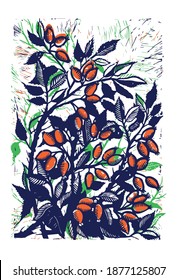 Vector Mage Of Rose Hips Hand Drawing. Linocut Rosehip. Picture Of A Dog Rose. Linocut Orange Rose.