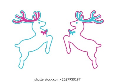 Vector magenta and blue colors Christmas cute deers design elements set isolated on white background. Vector Christmas decoration. Outline style Christmas objects  isolated on white background.