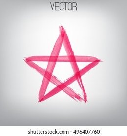 Vector magenta five-pointed star painted by dry brush. Hand drawn watercolor symbol. Textured element, Ink. Sign. Brush strokes.