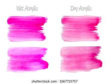 Vector magenta paint smear stroke stain set. Abstract acrylic textured art illustration. Wet and Dry Acrylic Texture Paint Stain Illustration. Hand drawn brush strokes vector elements. Acrilyc strokes