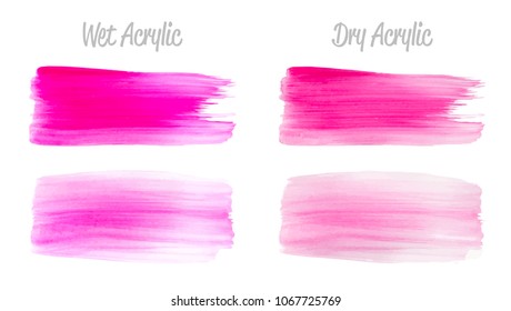 Vector magenta paint smear stroke stain set. Abstract acrylic textured art illustration. Wet and Dry Acrylic Texture Paint Stain Illustration. Hand drawn brush strokes vector elements. Acrilyc strokes