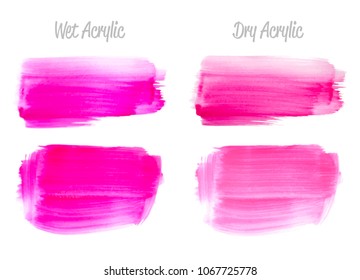 Vector magenta paint smear stroke stain set. Abstract acrylic textured art illustration. Wet and Dry Acrylic Texture Paint Stain Illustration. Hand drawn brush strokes vector elements. Acrilyc strokes