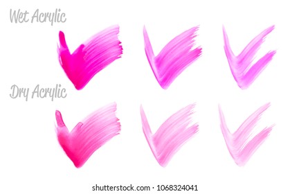 Vector magenta paint smear stroke stain set. Abstract acrylic textured art illustration. Wet and Dry Acrylic Texture Paint Stain Illustration. Hand drawn brush strokes vector elements. Acrilyc strokes
