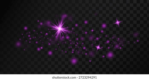 Vektor magenta schimmernder sternförmiger Hintergrund, Glitzer auf transparentem Hintergrund. Lichteffekt. Vektor schimmernden Glitter-Effekt. Sterne leuchten, funkeln.