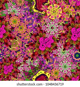 Vector. Magenta, yellow and black on colors. Tender fabric pattern. Doodles pattern. Seamless Abstract interesting background.