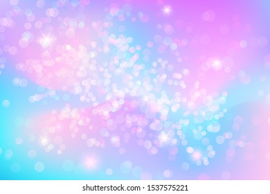 Vector magic backdrop. Cute pink and blue pastel background with bokeh. Shiny design with sparkles and stars.