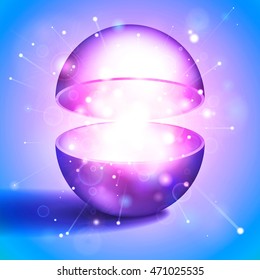 Vector magic ball, volume open sphere, light inside, festive fireworks, pink and blue, abstract object for you project design