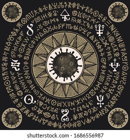 Vector magic banner with coronavirus cells and runes on the black background. A hand-drawn mandala with hazardous COVID-19 virions and doodles that imitate magic symbols but do not give information