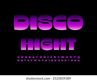 Vector magic banner Disco Night. Modern Stylish Font. Artistic Violet Alphabet Letters and Numbers set.
