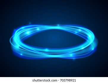 Vector magic blue circle. Glowing fire ring trace on black background. Ellipse line with flying sparkling flash lights. Vector illustration