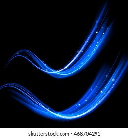 Vector magic blue glowing spark swirl trail effect on black background. Boken glitter blue wave line with flying sparkling neon light flashes