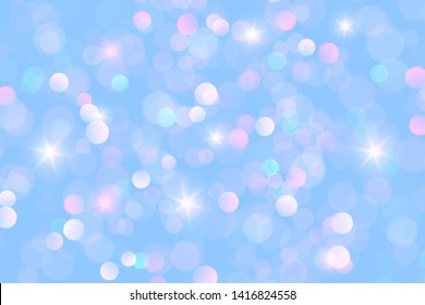 Vector magic blue pattern. Cute pastel background with bokeh. Shiny design with sparkles and stars.