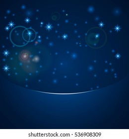 Vector magic bokeh lights with stars, snow, lens flare effect and sparkles on blue background with copy space for the text.