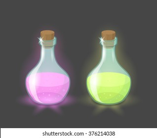 Vector magic bottles with pink and green drinks, eps10 
