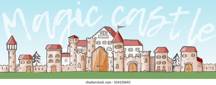 Vector magic cartoon cute medieval castles. Sketch style.