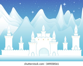 Vector magic castle in frozen mountains, night landscape