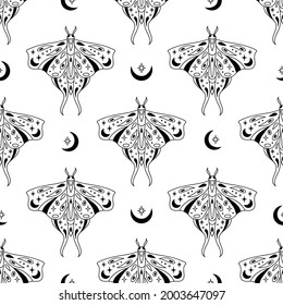 Vector magic celestial seamless pattern with moon, stars and mystic moths. Boho abstract esoteric background with butterflies for fashion, fabric, textile, paper, poster, print