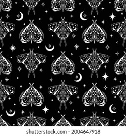 Vector magic celestial seamless pattern with moon, stars and mystic moths. Boho abstract esoteric background with butterflies for fashion, fabric, textile, paper, poster, print