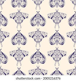 Vector magic celestial seamless pattern with moon, stars and mystic moths. Boho abstract esoteric background with butterflies for fashion, fabric, textile, paper, poster, print