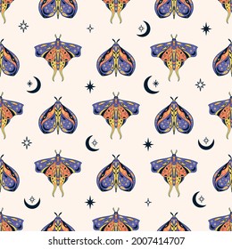 Vector magic celestial seamless pattern with moon, stars and mystic moths. Boho abstract esoteric background with butterflies for fashion, fabric, textile, paper, poster, print