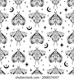 Vector magic celestial seamless pattern with moon, stars and mystic moths. Boho abstract esoteric background with butterflies for fashion, fabric, textile, paper, poster, print