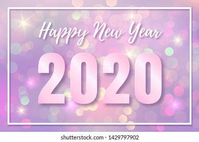 Vector magic christmas banner with bokeh and rose gold text Happy New Year 2020. Cute pastel candy poster.