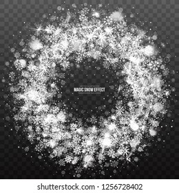 Vector Magic Christmas Snow Circle Frame with Realistic Bright Silver Snowflakes and Lights Overlay on Transparent Background. Merry Xmas and Happy New Year Holidays Abstract Illustration