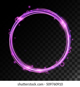Vector magic circle with light effects. Purple glitter ring with shiny particles and bokeh.